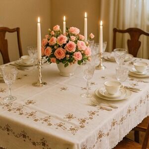 Vintage White Embroidered Tablecloth 51x42 Neutral Linen Table‎ Cove r #61
